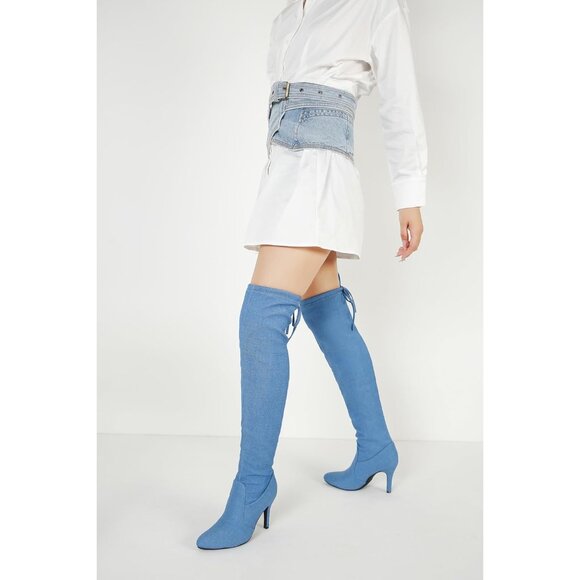Women Blue Polyurethane Pointed Toe Over The Knee Thigh High Stiletto Heel Boot - Picture 8 of 8